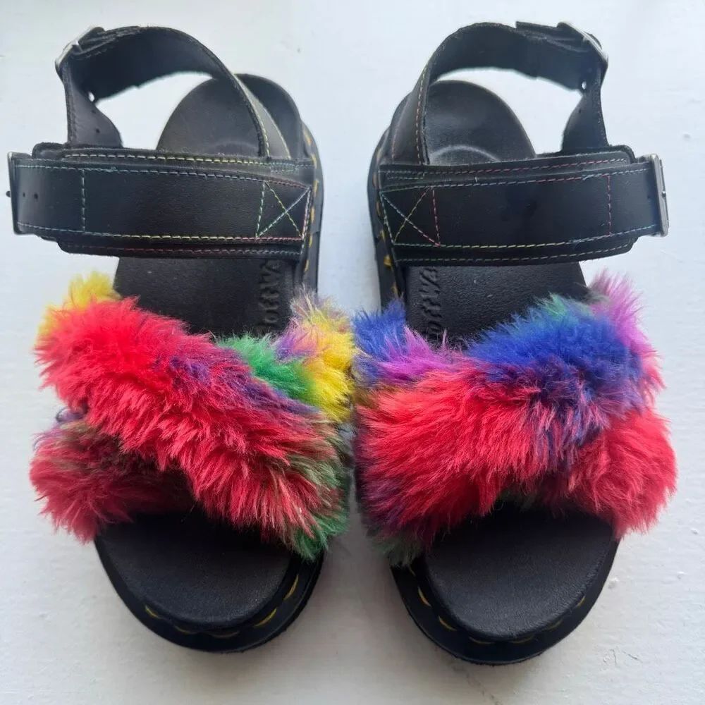 Dr. Martens Voss II Fluffy Rainbow Sandals Size 5 Pride